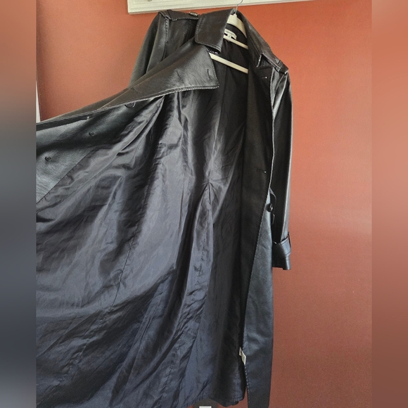 Max Studio Black Faux Leather Long Trench Coat Belted Matrix Style Size S - Picture 8 of 13